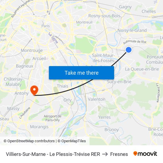 Villiers-Sur-Marne - Le Plessis-Trévise RER to Fresnes map