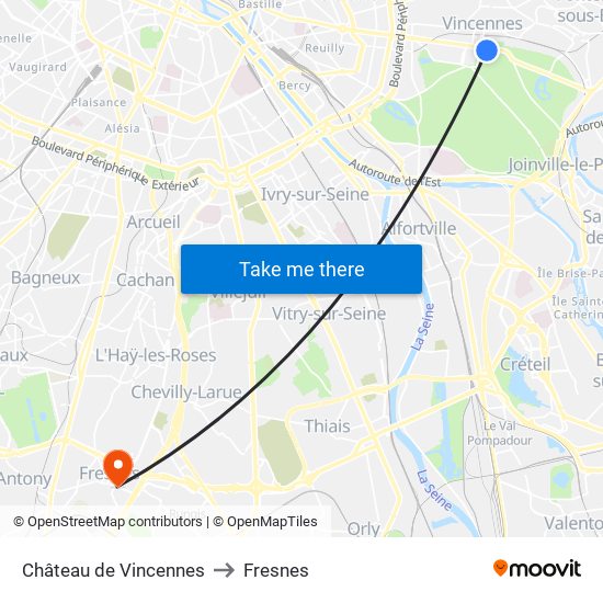 Château de Vincennes to Fresnes map