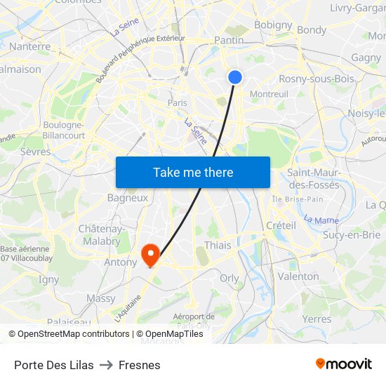 Porte Des Lilas to Fresnes map