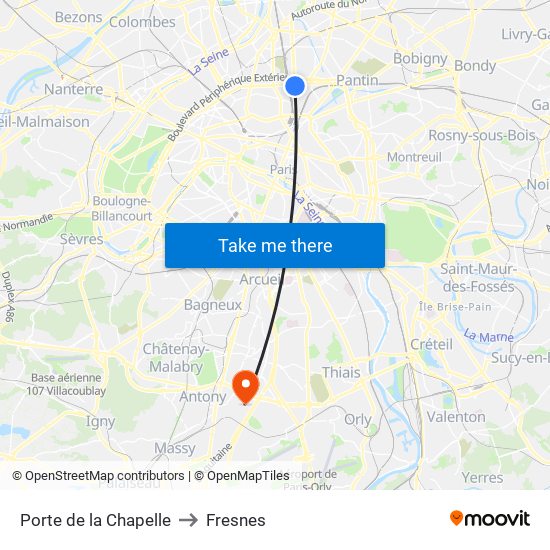 Porte de la Chapelle to Fresnes map