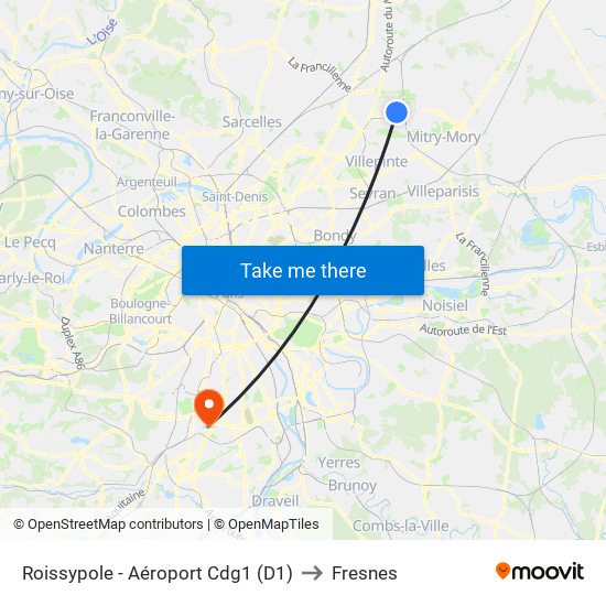 Roissypole - Aéroport Cdg1 (D1) to Fresnes map