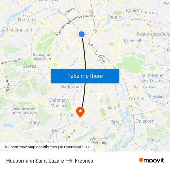 Haussmann Saint-Lazare to Fresnes map