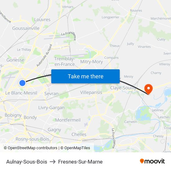 Aulnay-Sous-Bois to Fresnes-Sur-Marne map