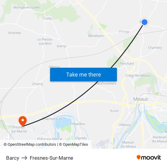 Barcy to Fresnes-Sur-Marne map