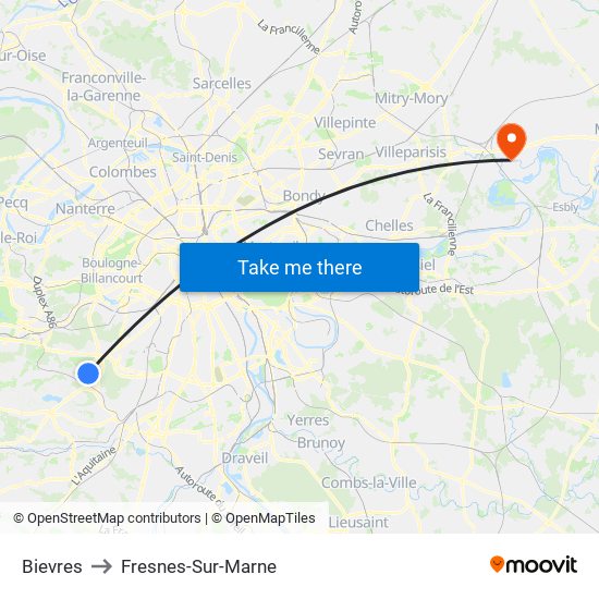 Bievres to Fresnes-Sur-Marne map