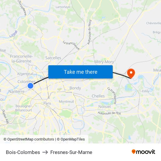 Bois-Colombes to Fresnes-Sur-Marne map