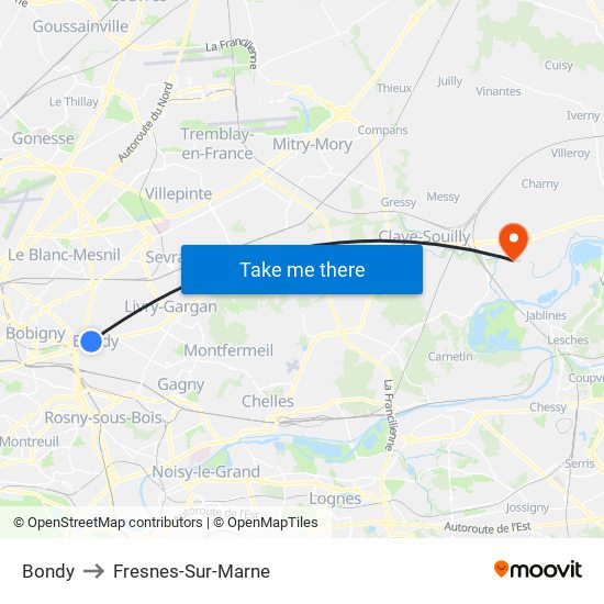 Bondy to Fresnes-Sur-Marne map