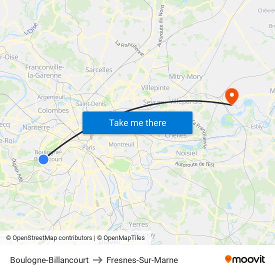 Boulogne-Billancourt to Fresnes-Sur-Marne map