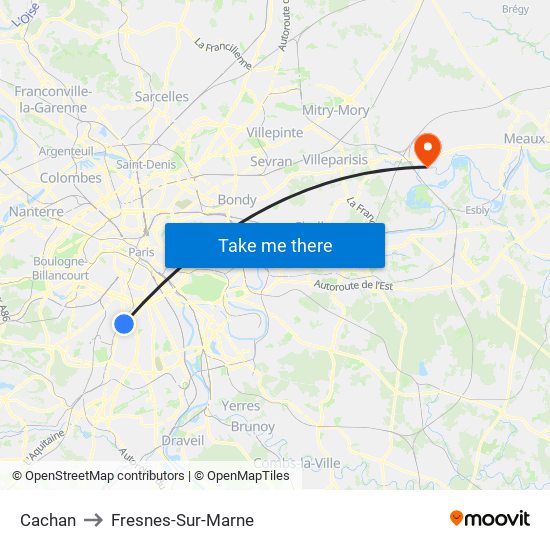 Cachan to Fresnes-Sur-Marne map