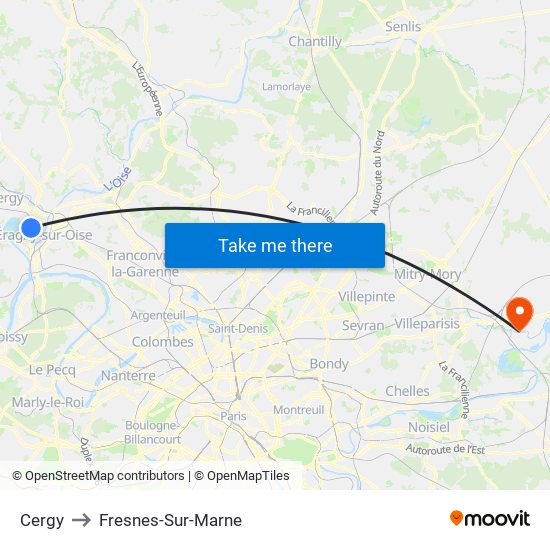 Cergy to Fresnes-Sur-Marne map