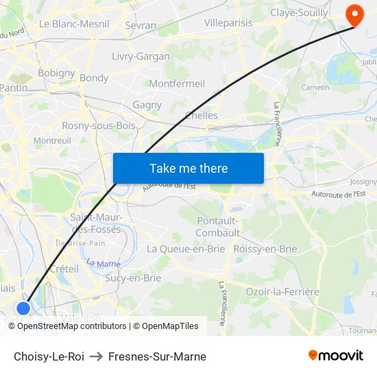 Choisy-Le-Roi to Fresnes-Sur-Marne map