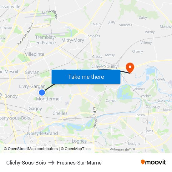 Clichy-Sous-Bois to Fresnes-Sur-Marne map