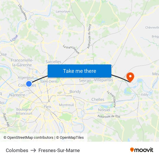 Colombes to Fresnes-Sur-Marne map