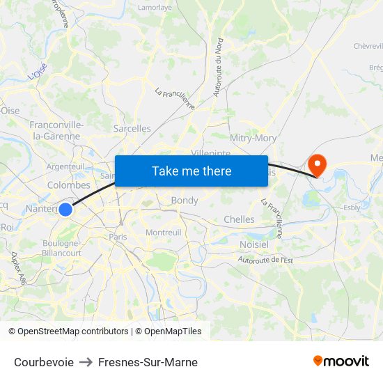 Courbevoie to Fresnes-Sur-Marne map