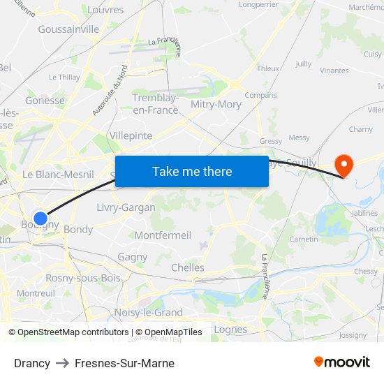 Drancy to Fresnes-Sur-Marne map