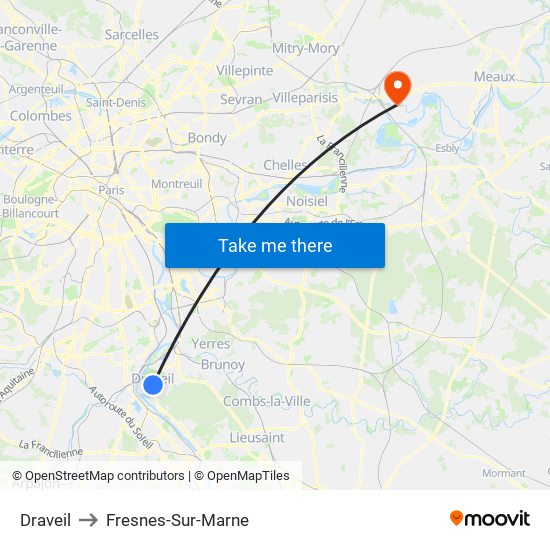 Draveil to Fresnes-Sur-Marne map