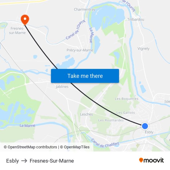 Esbly to Fresnes-Sur-Marne map