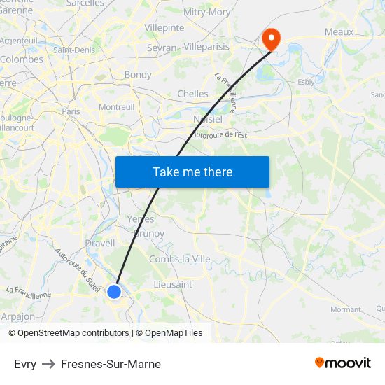 Evry to Fresnes-Sur-Marne map