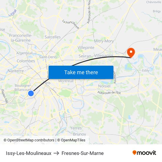 Issy-Les-Moulineaux to Fresnes-Sur-Marne map