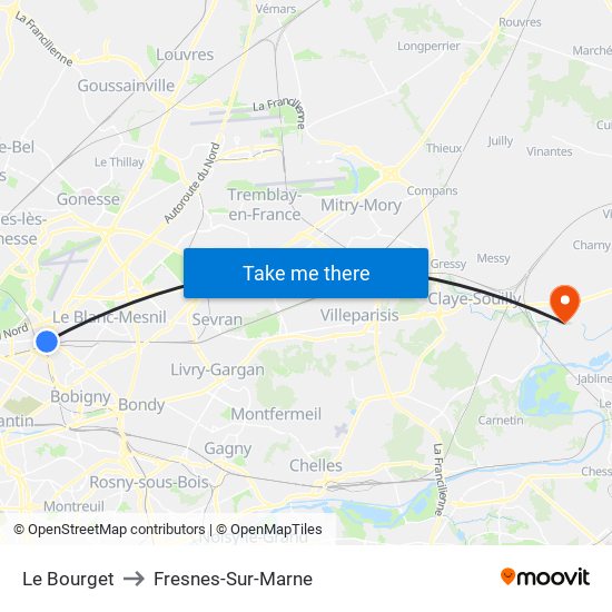 Le Bourget to Fresnes-Sur-Marne map