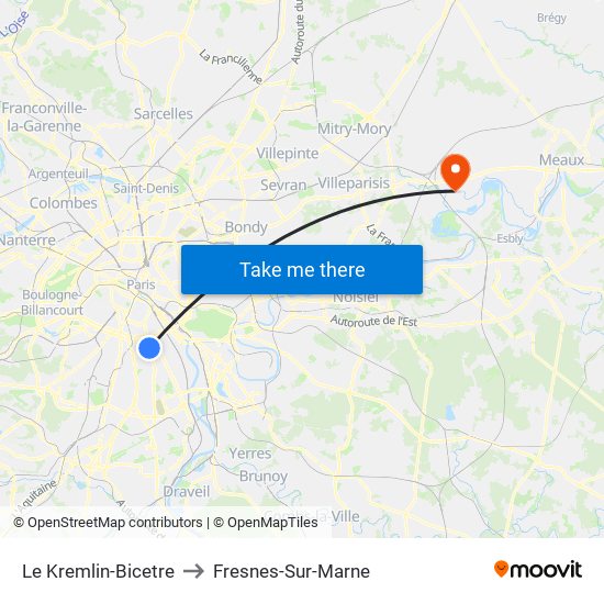 Le Kremlin-Bicetre to Fresnes-Sur-Marne map