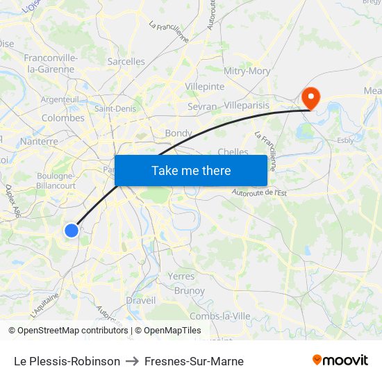 Le Plessis-Robinson to Fresnes-Sur-Marne map