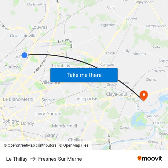 Le Thillay to Fresnes-Sur-Marne map