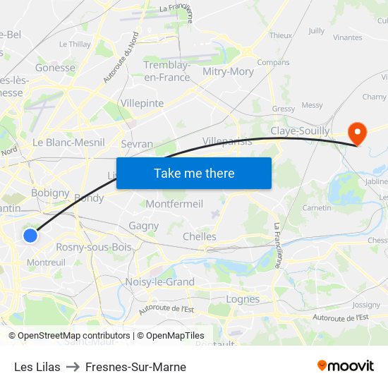 Les Lilas to Fresnes-Sur-Marne map