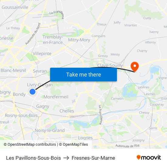 Les Pavillons-Sous-Bois to Fresnes-Sur-Marne map