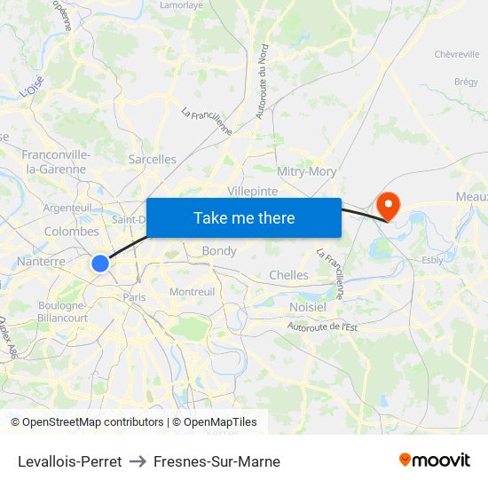 Levallois-Perret to Fresnes-Sur-Marne map