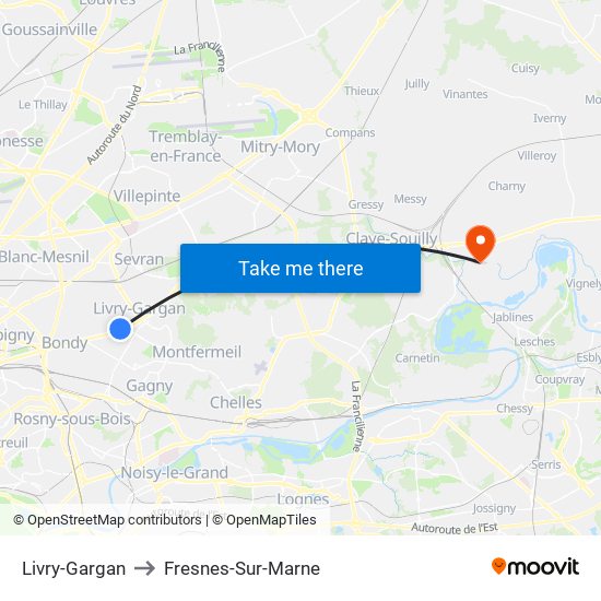 Livry-Gargan to Fresnes-Sur-Marne map