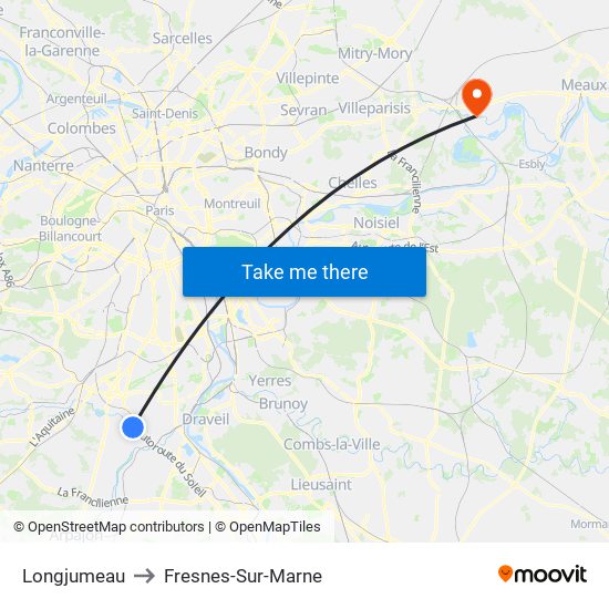 Longjumeau to Fresnes-Sur-Marne map