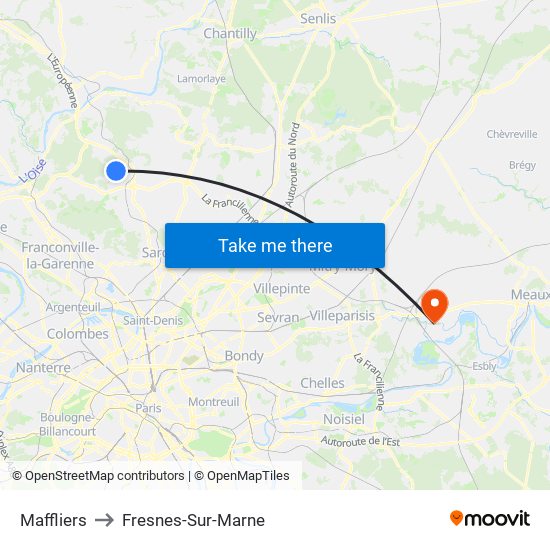 Maffliers to Fresnes-Sur-Marne map