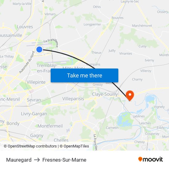 Mauregard to Fresnes-Sur-Marne map