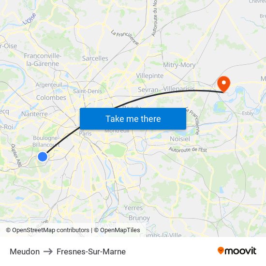 Meudon to Fresnes-Sur-Marne map