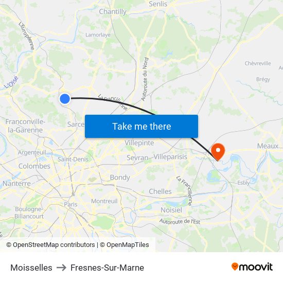 Moisselles to Fresnes-Sur-Marne map