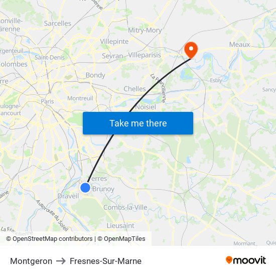 Montgeron to Fresnes-Sur-Marne map