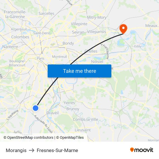 Morangis to Fresnes-Sur-Marne map