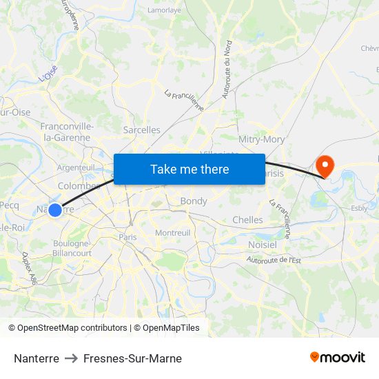 Nanterre to Fresnes-Sur-Marne map