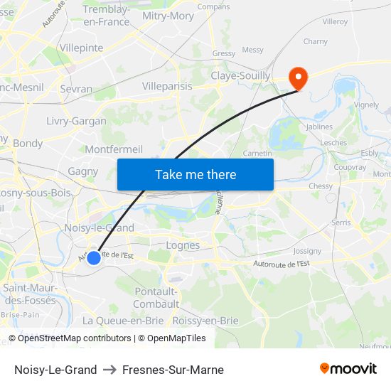 Noisy-Le-Grand to Fresnes-Sur-Marne map