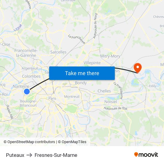 Puteaux to Fresnes-Sur-Marne map
