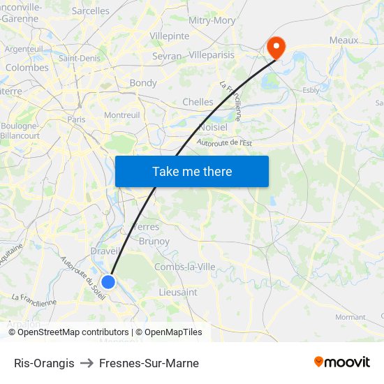 Ris-Orangis to Fresnes-Sur-Marne map