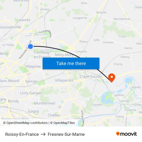 Roissy-En-France to Fresnes-Sur-Marne map