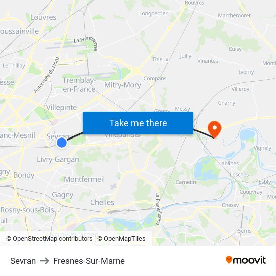 Sevran to Fresnes-Sur-Marne map