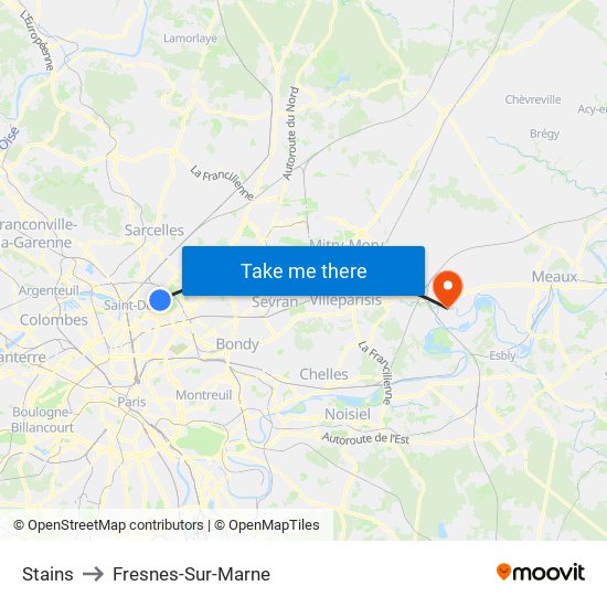 Stains to Fresnes-Sur-Marne map