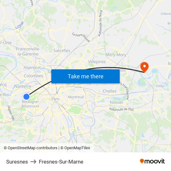 Suresnes to Fresnes-Sur-Marne map