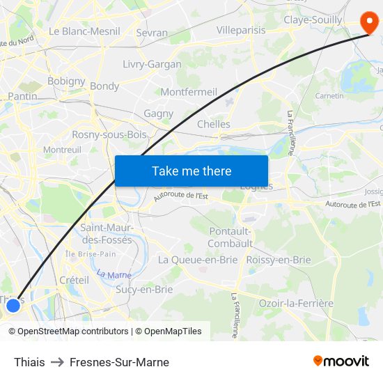 Thiais to Fresnes-Sur-Marne map