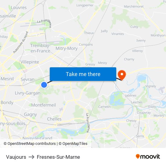 Vaujours to Fresnes-Sur-Marne map