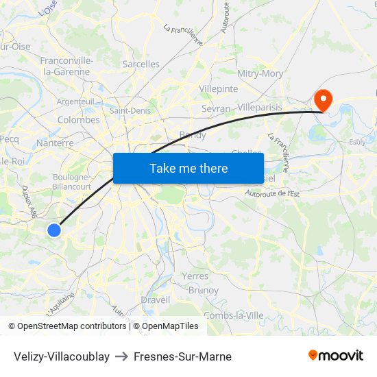 Velizy-Villacoublay to Fresnes-Sur-Marne map