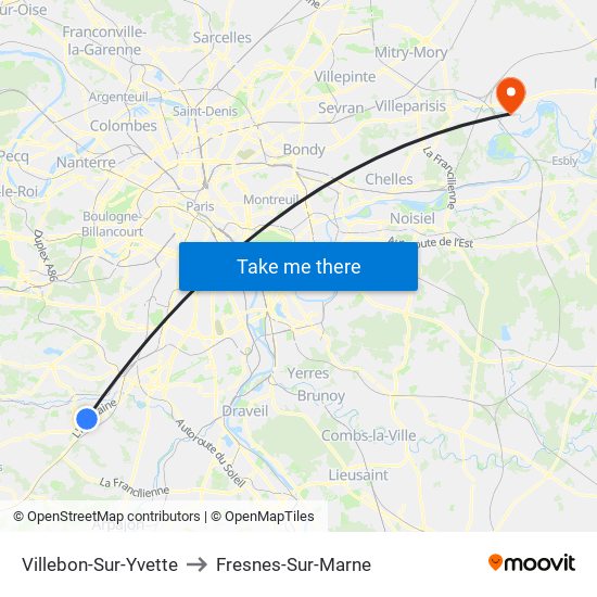Villebon-Sur-Yvette to Fresnes-Sur-Marne map